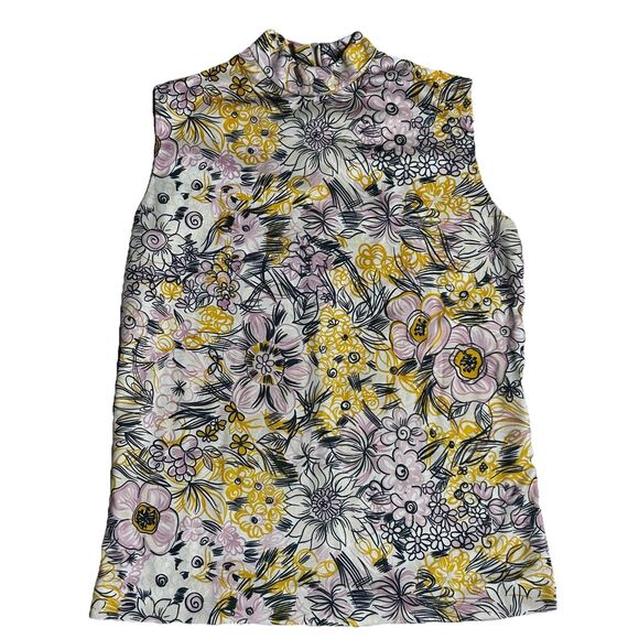 Vintage 70s Mock Neck Floral Tank Top Psychedelic Boho Festival Blouse XS - Picture 1 of 6